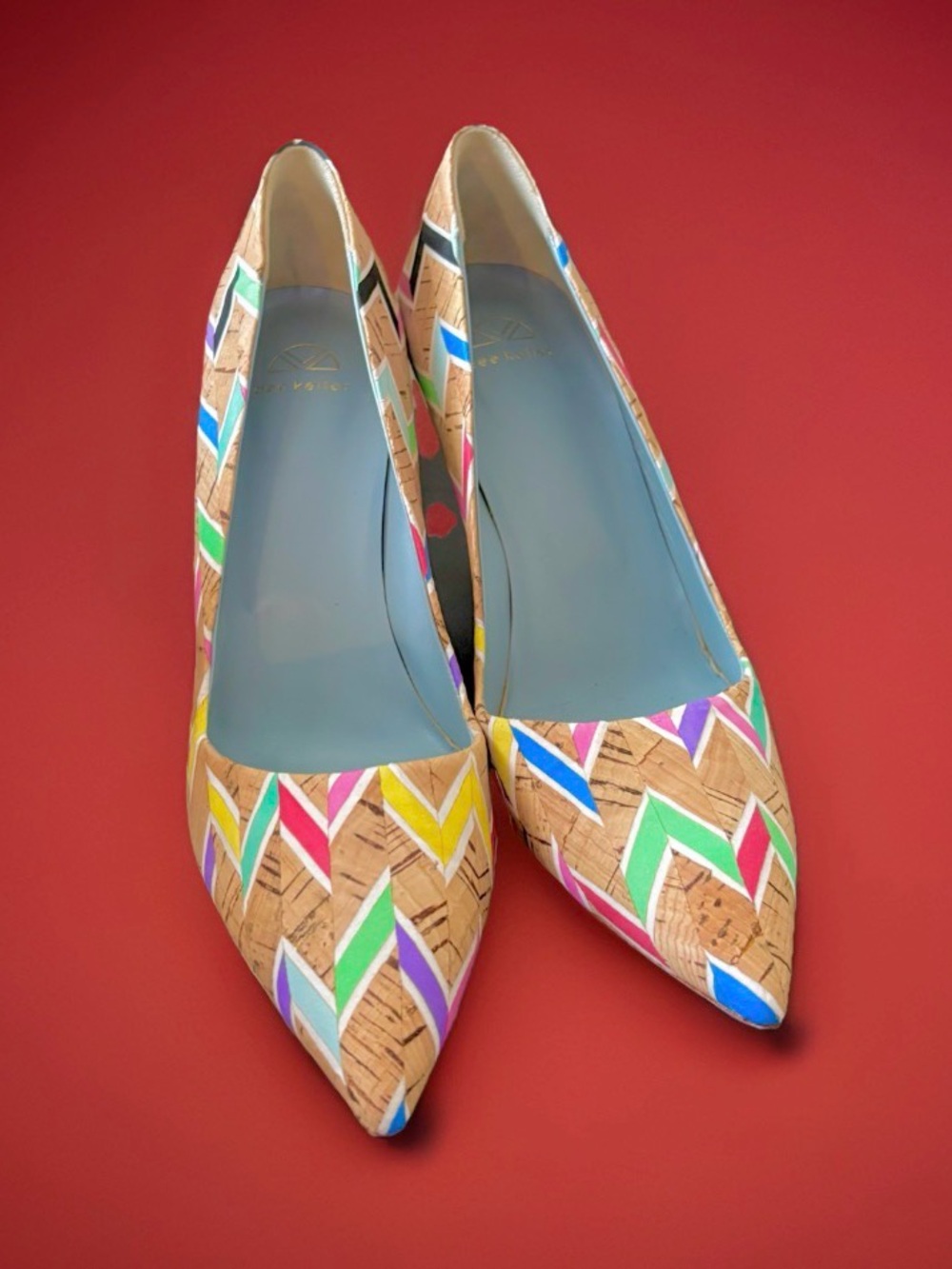 Dee Keller Heels Size 40 (9.5) Colorful Cork Pointed Stilettos Chevron Print EUC